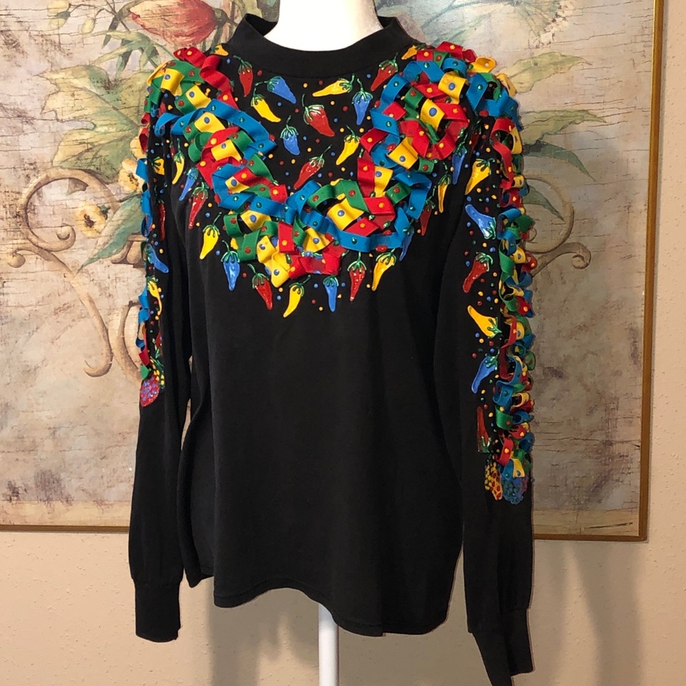 Sz L Vintage 80’s Novelty Ribbon Paint Chili Peppers T-Shirt